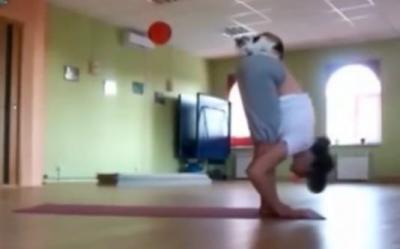 ヨガ中の飼い主さんによじ登る猫
